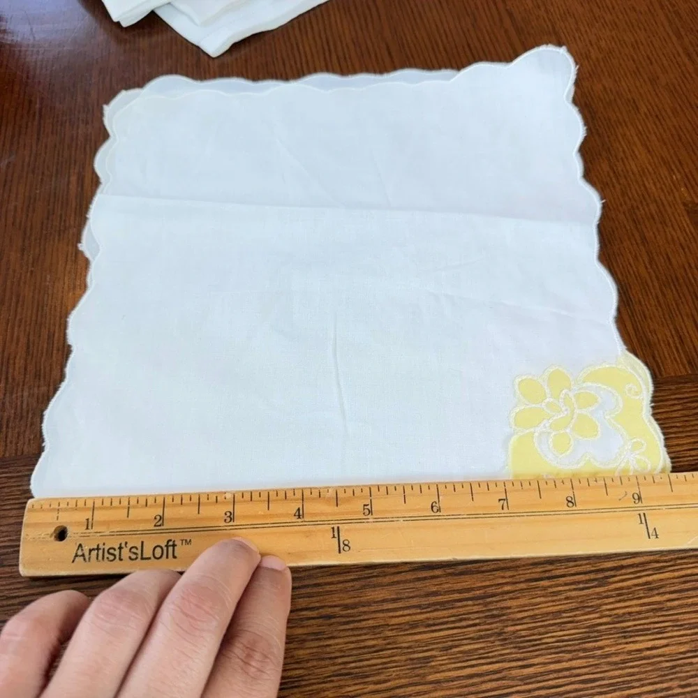 Vintage Linen Napkin Handkerchief Set 7pc Green Hemstitch Yellow Floral Applique